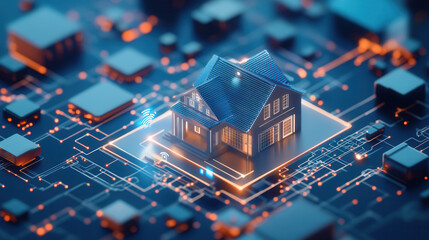 futuristic smart home concept with interconnected devices, glowing circuits, and wireless technology integration