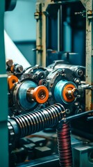 Fototapeta premium Close up view of an intricately designed industrial a combination of coils colored components and contemporary cinematic lighting that creates a futuristic and technologically advanced aesthetic