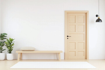 empty room with a wooden bench and a potted plant