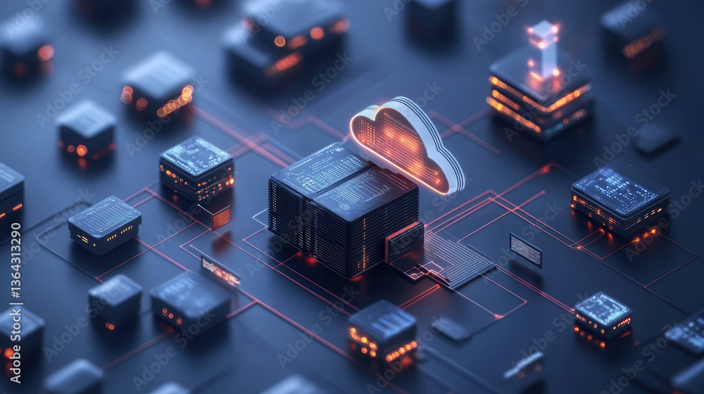 Poster futuristic isometric it infrastructure diagram showcasing cloud computing, data servers, and interco