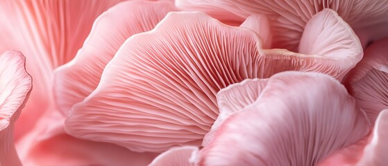 Captivating close up of intricately textured vibrant pink mushrooms with ruffled edges and distinct gills bathed in a contemporary cinematic lighting that creates a striking dreamlike atmosphere
