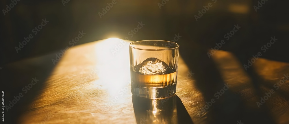 Poster a delicate beam of light shines upon a nearly empty glass casting a subtle reflection and shadow on 