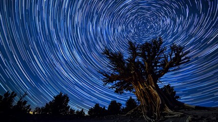 Fototapeta premium Mesmerizing Time-lapse of Star Trails Above Scenic Landscape