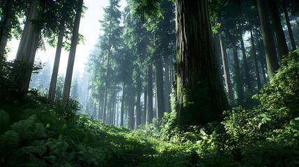 Naklejka premium Lush Green Forest With Sunlight Streaming Through Tree Trunks Creates Peaceful Outdoor Environment
