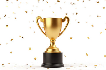 golden trophy surrounded by confetti on a white background