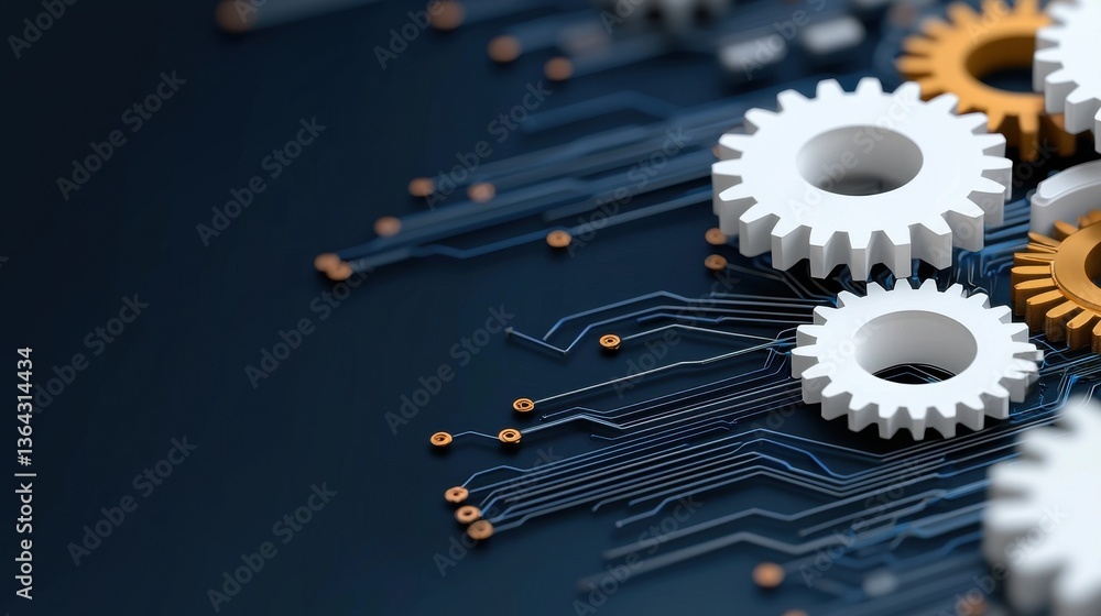 Poster a close up view of a complex network of interconnected metal gears cogs and electronic circuit board