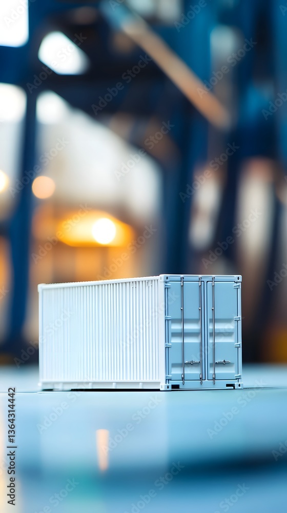 Poster a small scale model of a shipping container in a port setting with a tilt shift blur effect creating