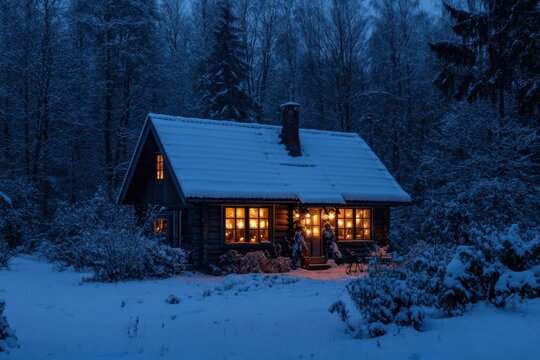 Cozy winter cottage illuminated with glowing windows and fresh snow under a peaceful night sky