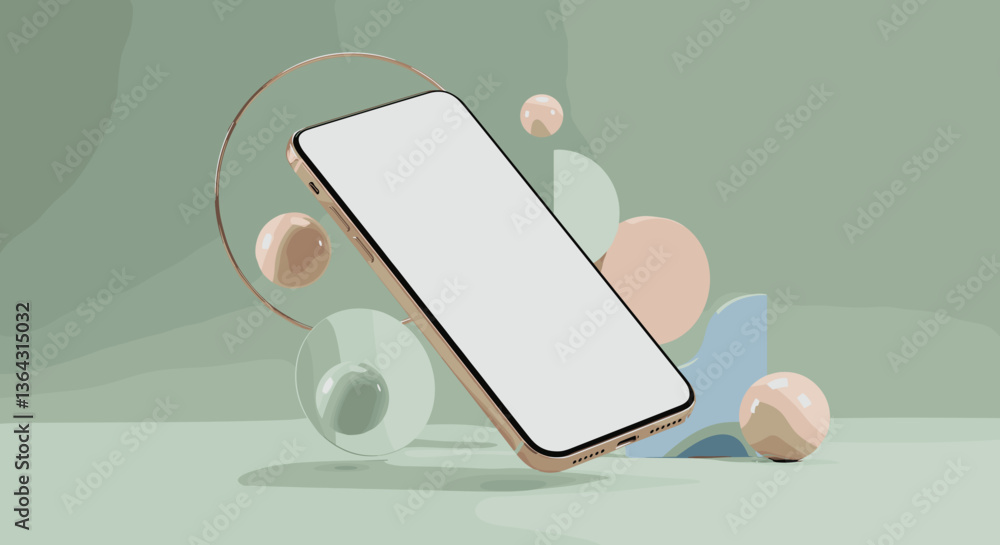 Poster abstract smartphone design with floating shapes and soft colors