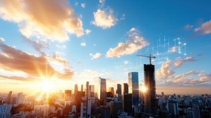 Fototapeta premium Breathtaking scene of a sprawling cityscape with towering skyscrapers and modern architecture silhouetted against a stunning fiery sunset sky The impressive high rise buildings and sleek