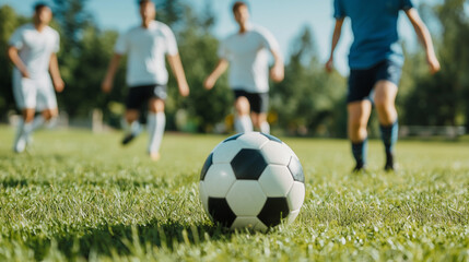 Fototapeta premium Focused Ball: A dynamic shot captures a soccer ball poised in the foreground, ready for action, with a team of players sprinting towards it in the background.