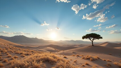 Serene Desert Landscape with Lone Tree and Striking Sunset View