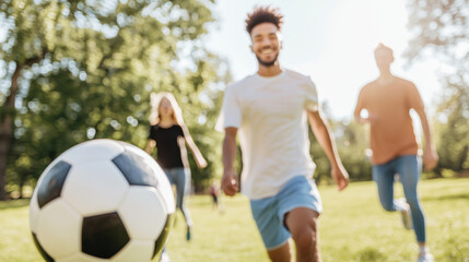 Fototapeta premium A Playful Moment: Friends engage in a spirited soccer game in a sun-drenched park, captured in a lively, action shot that encapsulates the essence of friendship and outdoor fun.