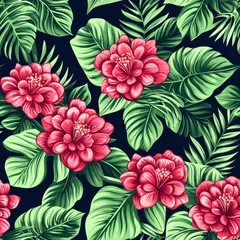 Fototapete Rund Red ginger flowers and tropical foliage in bold seamless pattern design, Summer Textile Seamless Pattern Background © Photo Graphic Stock