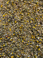 Closeup of dried chamomile tea leaves on a metal table.