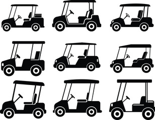 Golf car icon set.Sport, vehicle transport. Outline, Car for golfers. Passenger transportation. Golfcar silhouette design vector style in a golf club with a car icon,black golf car icon vector.