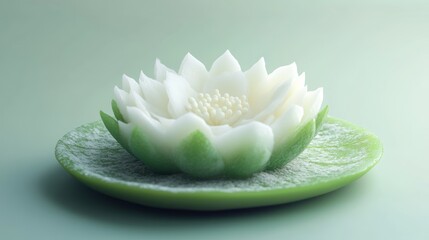 A beautifully crafted edible lotus flower made from fruit, displayed on a green plate.