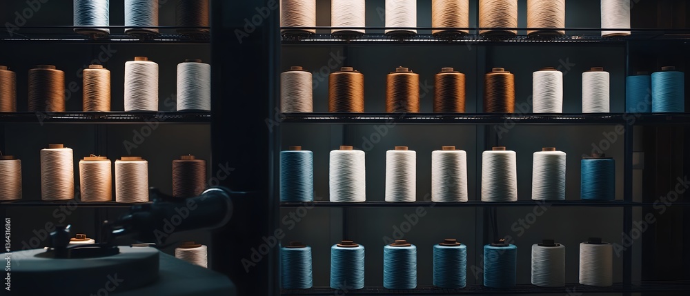 Poster rows of large spools in various colors of thread sit neatly organized on wooden shelves illuminated 