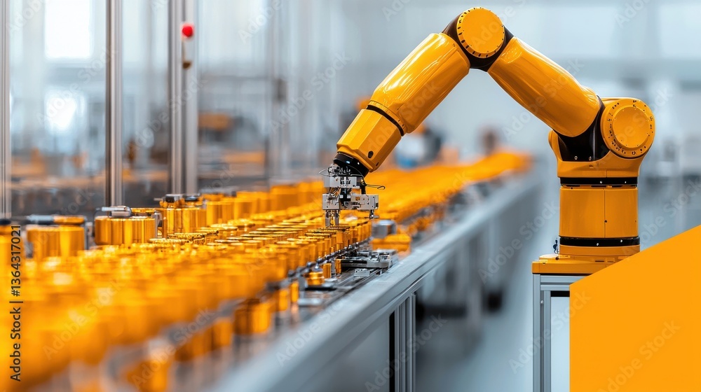 Poster automated industrial robot arm performing precise repetitive tasks on a conveyor belt in a modern hi