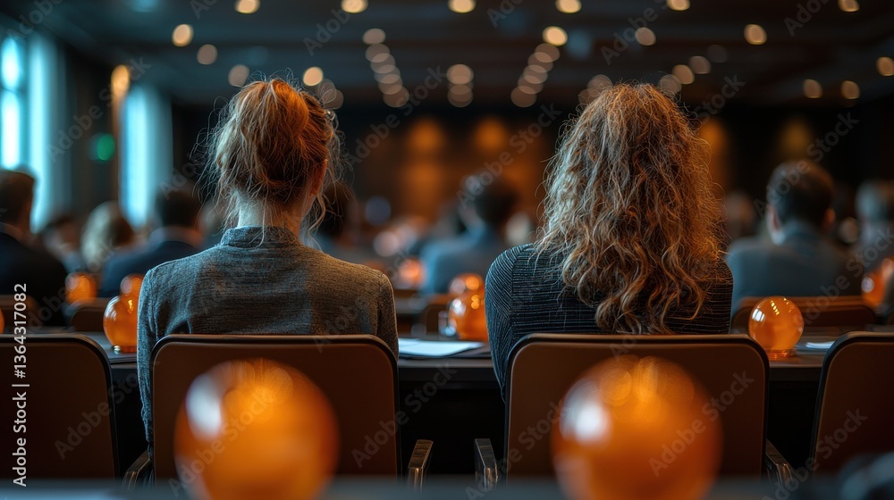 Poster audience of people sitting in rows of chairs watching a live performance or event on stage in a diml