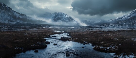 A serene and picturesque scene featuring a gently flowing stream winding through a grassy field at the base of a snow capped mountain with a moody atmospheric lighting that creates a contemporary