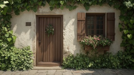 Rustic Cottage Exterior with Wooden Door and Flower Box