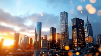 Obraz premium Breathtaking cityscape of a modern metropolitan area at sunset featuring a dramatic skyline of towering skyscrapers and high rise buildings against a vibrant colorful sky