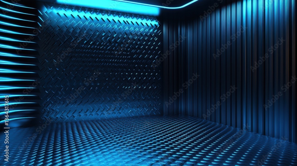 Poster abstract blue and black wave-like light pattern with a gradient effect, reflecting on a textured met