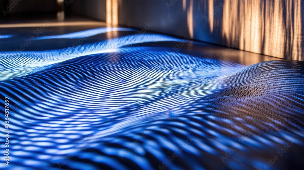 Poster abstract blue and black wave-like light pattern with a gradient effect, reflecting on a textured met