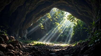 Sunlight Streaming Through Cave Opening Surrounded by Lush Greenery