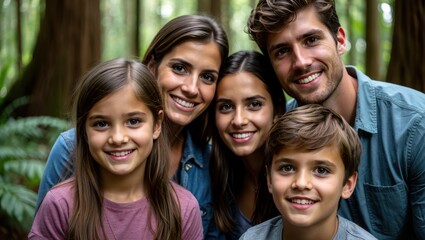 Fototapeta premium Family smiling in forest setting, happy outdoor gathering