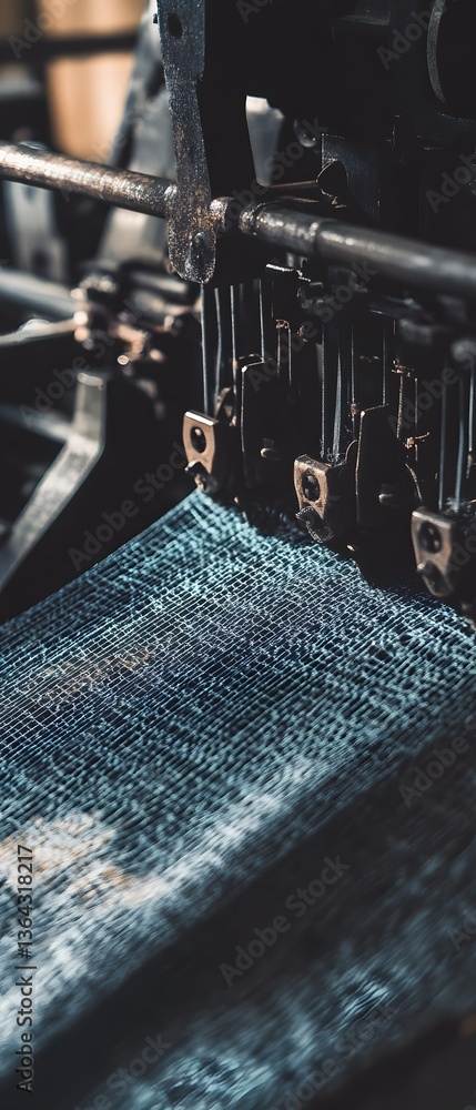 Poster close up view of a section of a weaving metal components and a fabric with a hatch like pattern capt
