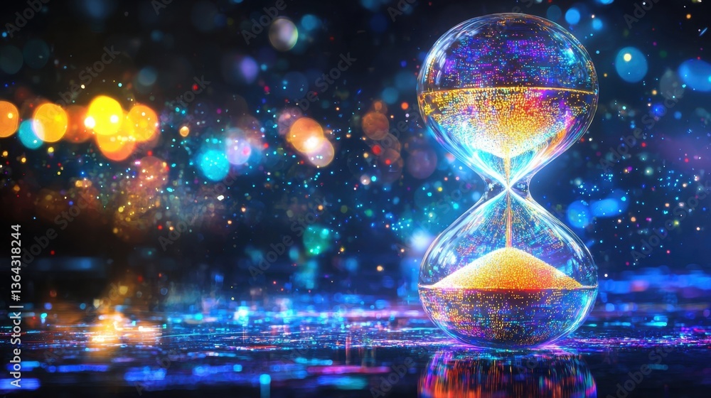 Poster abstract glowing hourglass with shimmering led-like particles inside, symbolizing time flowing in a 
