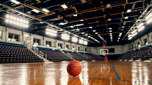 Wide-angle shot of an empty basketball court with a ball in focus, capturing the arena's vastness. Ideal for a sports-themed video backdrop.