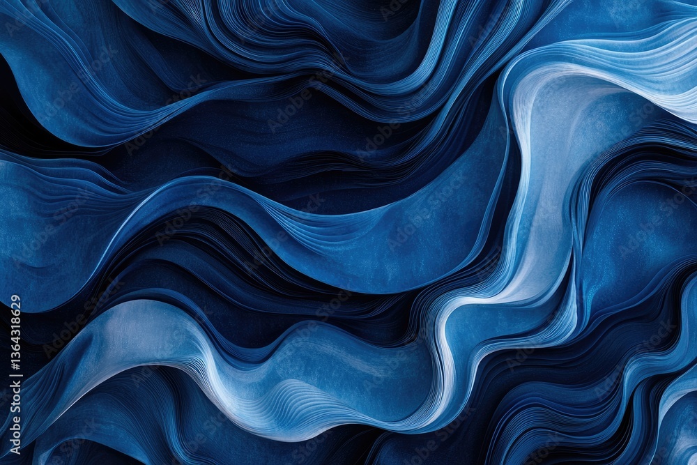 Poster abstract deep blue flowing fabric. complex wavy lines creating a dynamic texture