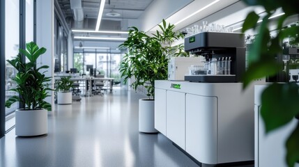 Calm and Peaceful Modern Office Interior with Green Plants and Minimalist Furniture  Bright and airy workspace with clean design electronics