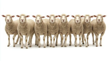 Fototapeta premium Group of Fluffy Sheep Standing Together on White Background