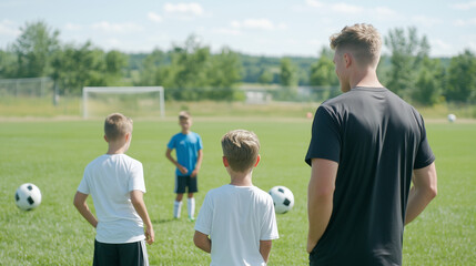 Coaching on the Field: A coach observes and guides young soccer players on a vibrant green field, capturing the spirit of teamwork and sportsmanship.