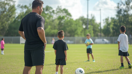 Fototapeta premium Coach's Eye: A coach observing youth players on a vibrant, green soccer field, capturing the essence of training and teamwork