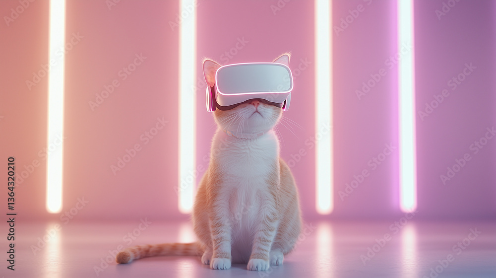 Poster a cat immersed in vr: a playful tabby cat wearing a virtual reality headset, exploring the digital f