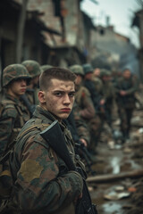 Obraz premium World war II style soldiers in camouflage uniforms amidst a war-torn eastern european town