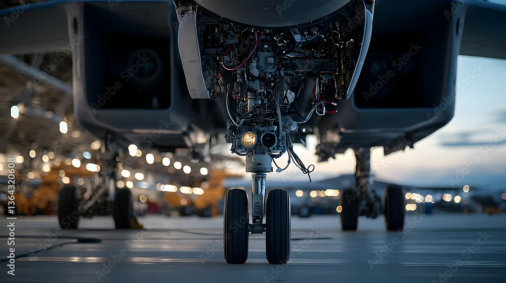 Poster aircraft front view displaying landing gear and complex internal systems under evening lighting