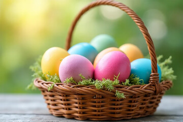 Naklejka premium A delightful Easter basket overflowing with pastel-colored eggs, nestled in vibrant green moss, a symbol of spring's renewal and joyful celebrations, bathed in soft sunlight.