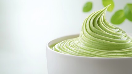 Close-up of creamy green tea ice cream swirl in a white cup, with soft focus green leaves in the background.