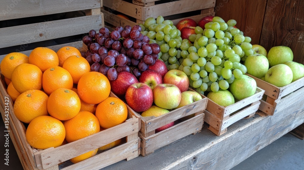 Poster assorted ripe and colorful fruits including oranges apples grapes and more displayed on wooden crate
