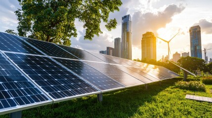 Aerial view of solar photovoltaic panels installed on the rooftops and grounds of a modern urban city with skyscrapers and a scenic sunset sky in the background  Concept of renewable energy