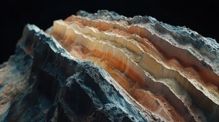 Layers of eroded rock formations against a black background. Use this for geology, natural formations, or abstract texture concepts.