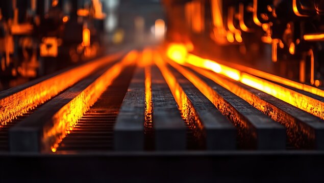 Glowing Hot Metal Bars in Industrial Factory Setting