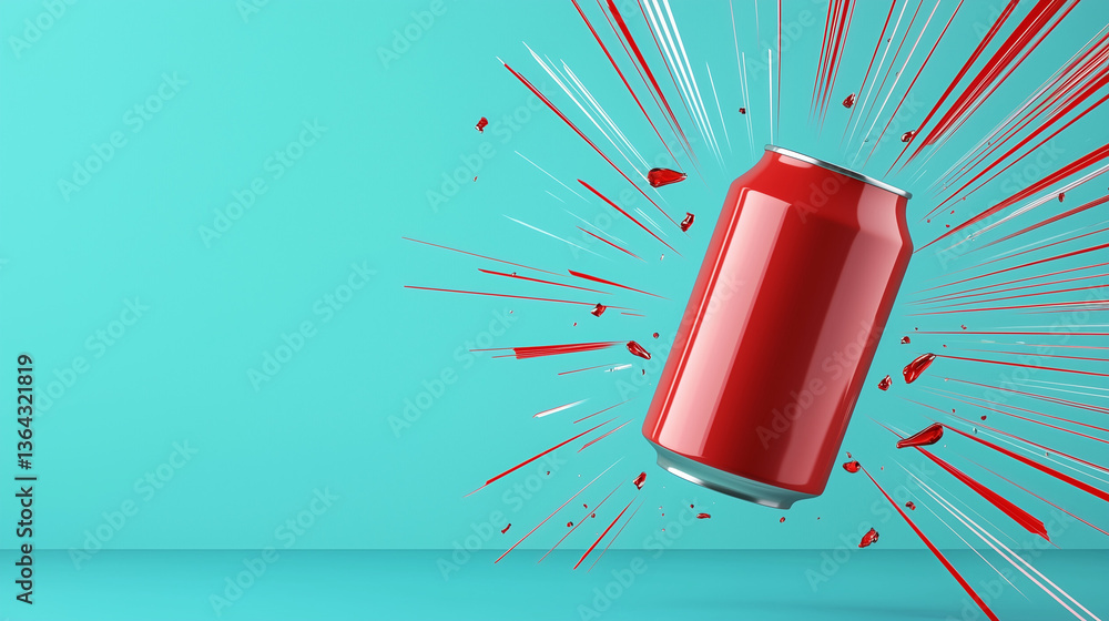 Poster explosive refreshment: a striking image of a vibrant red soda can amidst an dynamic explosion of col