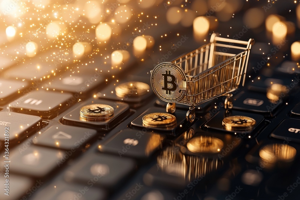 Poster bitcoin and cryptocurrency concept with golden coins and shopping cart on keyboard digital finance i